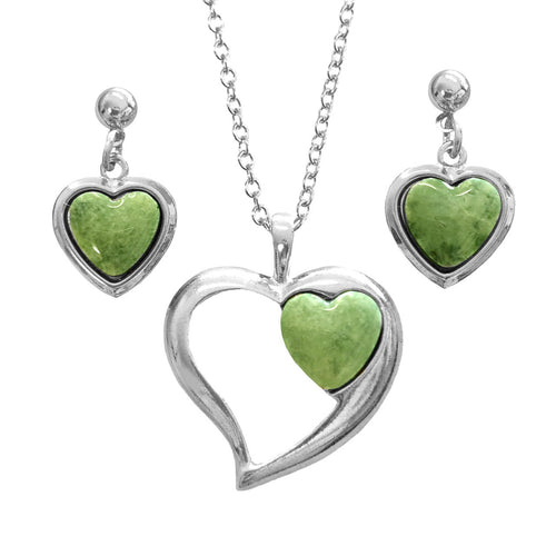 Greenstone Earrings and Pendant Set - Heart