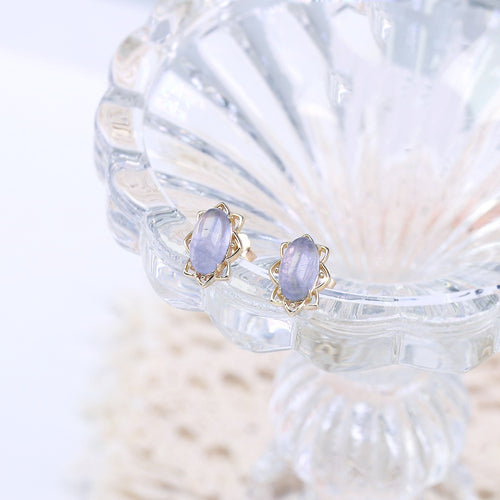 Sterling Silver Earrings - Oval Crystal with Leaves