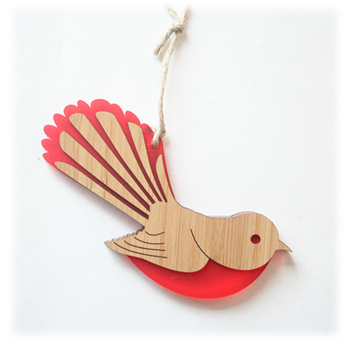 Hanging Ornament - Fantail (Bamboo+Red Satin Acrylic)