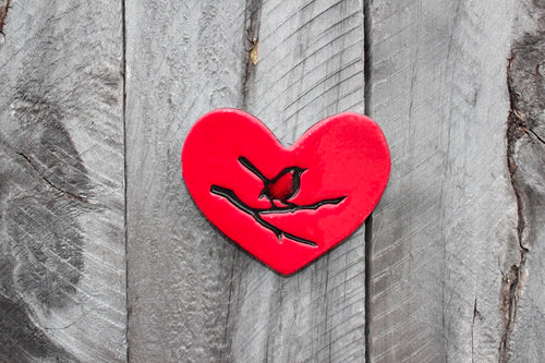 Ceramic Heart - Bird On a Branch Red