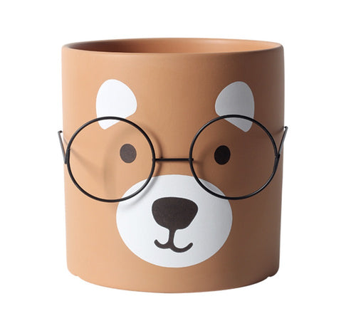 Cute Bear Face with Glasses Planter - Orange