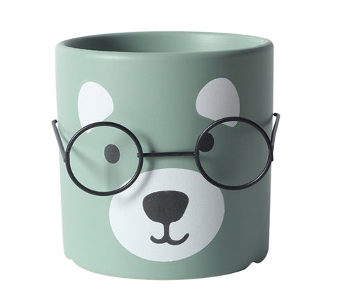 Cute Bear Face with Glasses Planter - Sea Green