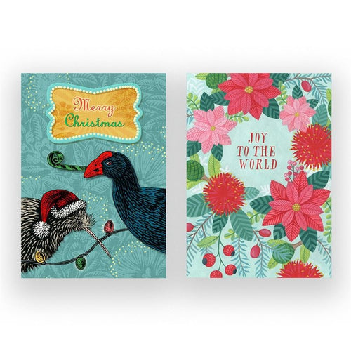Christmas notecard -  Pukeko Kiwi & Wreath Tree 8 Pkt