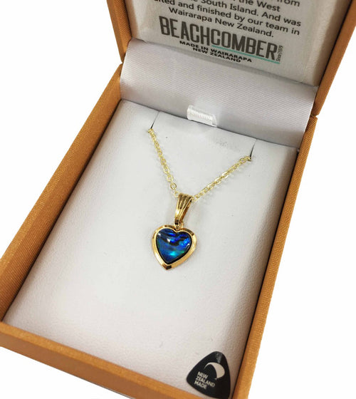 Paua Pendant Heart Gold Boxed