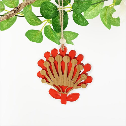 Hanging Ornaments Pohutukawa Flower -Bamboo + Red Satin Acrylic