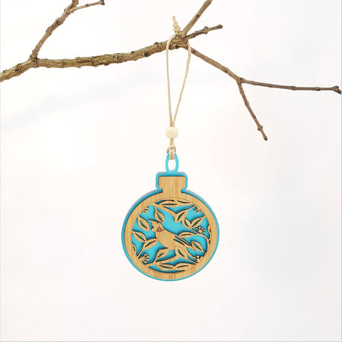 Bauble Hanging Ornaments - Tui on Pohutukawa Teal Satin Acrylic