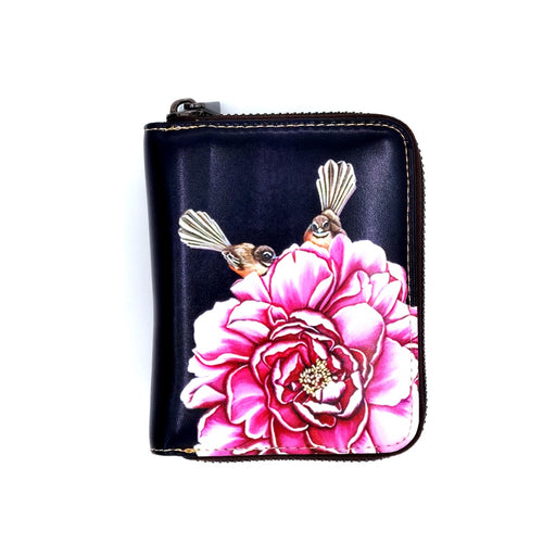 Leather Small Wallet -Fantails and Pink Flower