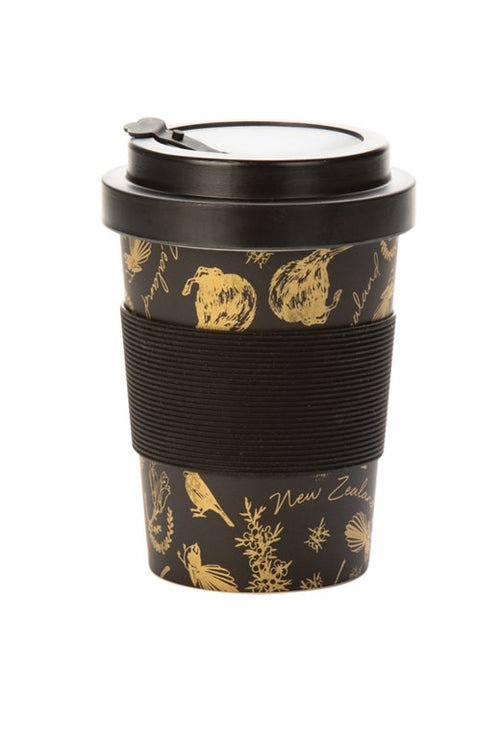 Coffee Cup Bamboo Black & Gold Birds