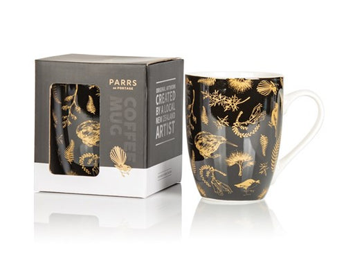 Coffee Mug Black & Gold Birds