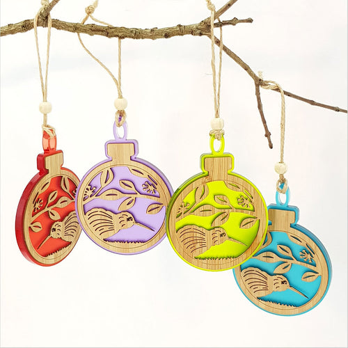 Bauble Hanging Ornaments - Tui on Pohutukawa Teal Satin Acrylic