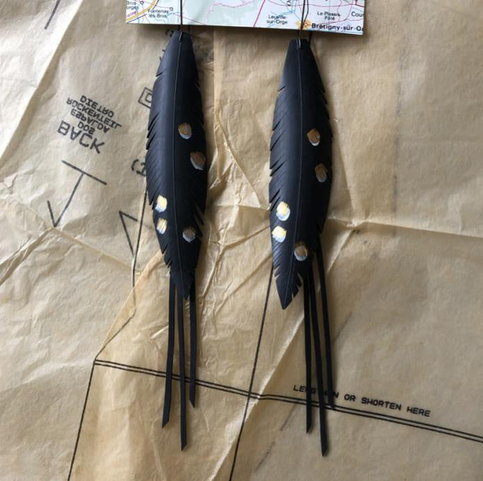 Upcycled Speckled Medium Feather Earrings with Strands – gecko in