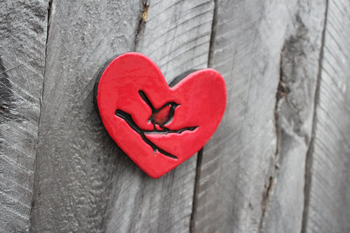 Ceramic Heart - Bird On a Branch Red