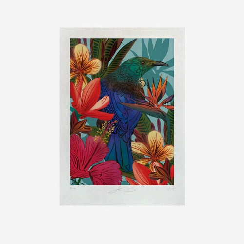 Flox Print - Perched Tūī & Hibiscus A3