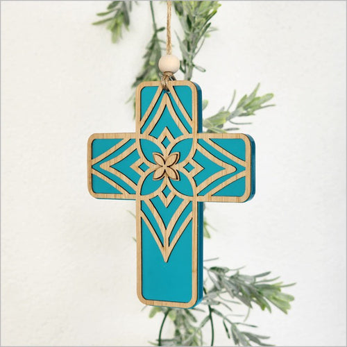 Hanging Ornament - Cross 14 (Tapa 2) Teal Satin Acrylic