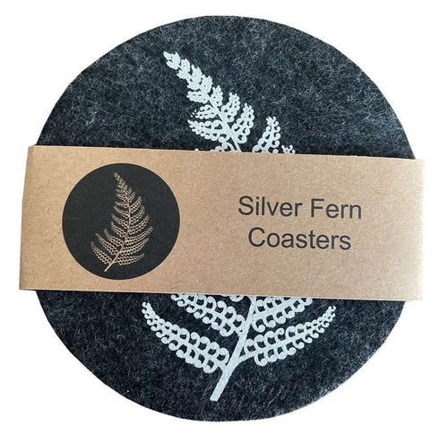 Jo Luping Design - Silver Fern On Dark Grey Set of 4 - Ecofelt Coaster