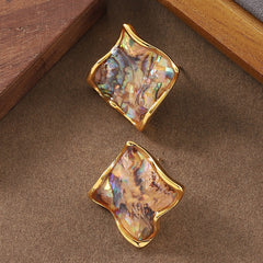 Eco-friendly Brass Earrings - Uneven Square Paua