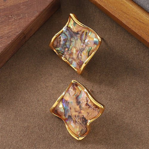 Eco-friendly Brass Earrings - Uneven Square Paua