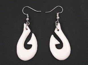 Boxed hei matau fish hook bone carvings earrings
