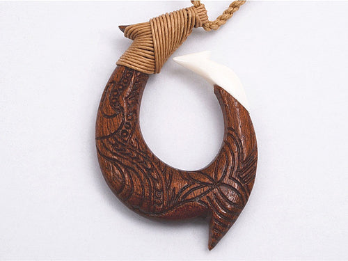 Fish-hook Wood & Bone Carving Pendant