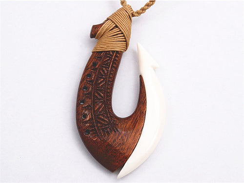 Fishhook wood & bone carving pendant