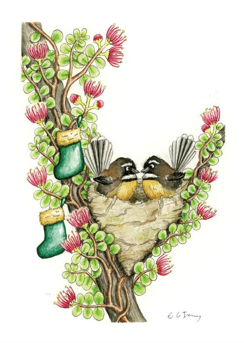 Christmas Card - Fantails in Nest Stockings and Carmine