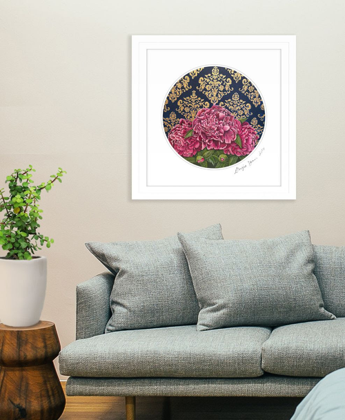 Circular White Framed - Peonie 430mm x 430mm