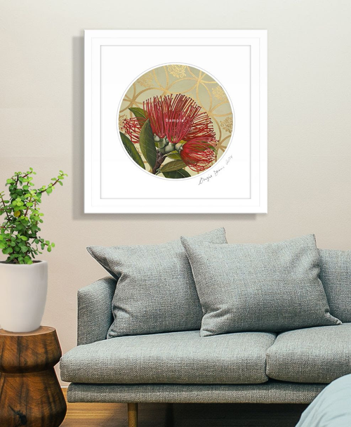 Circular White Framed - Pohutukawa 430mm x 430mm