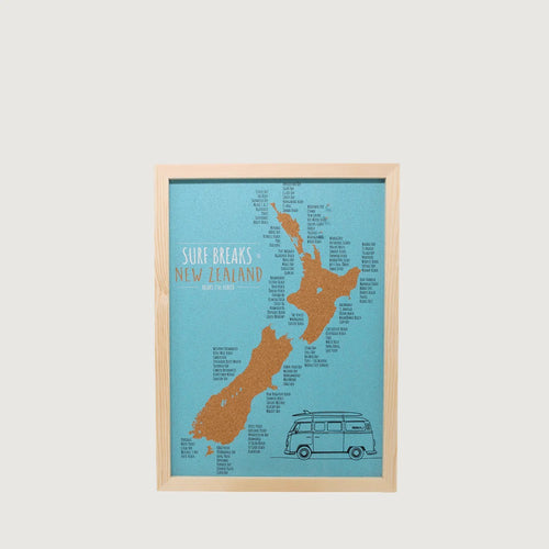 Framed Cork Pin Map - Surf Breaks of NZ