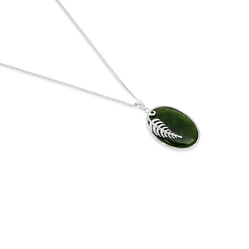 Greenstone / Pounamu Oval Shape + Sterling Silver Fern
