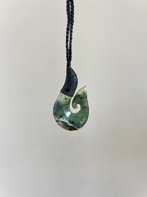 Greenstone / Pounamu Pendant Fish Hook (Flower Jade) 55mm