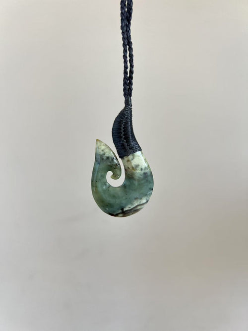 Greenstone / Pounamu Pendant Fish Hook (Flower Jade) 55mm