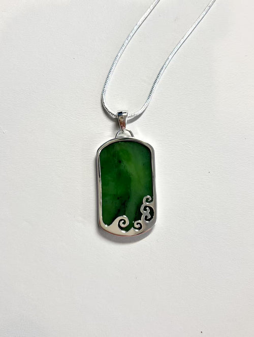 Greenstone / Pounamu Plate Pendant W Sterling Silver Wave Sitting