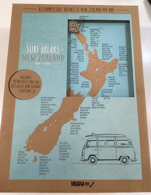 Framed Cork Pin Map - Surf Breaks of NZ