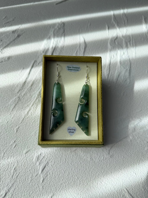 NZ Greenstone / Pounamu Drop Earrings Koru 55mm