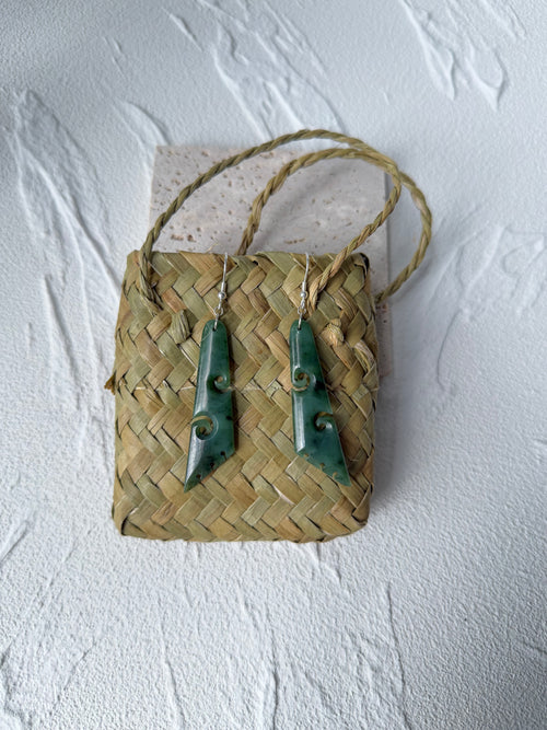 NZ Greenstone / Pounamu Drop Earrings Koru 55mm