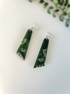 NZ Greenstone / Pounamu Drop Earrings Double Koru 55mm