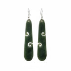 NZ Greenstone / Pounamu Drop Earrings Koru 70mm