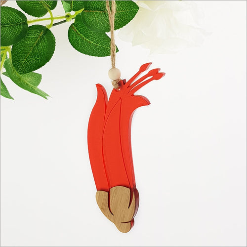 Hanging Ornament - Flax Flower Bamboo+ Red Satin Acrylic