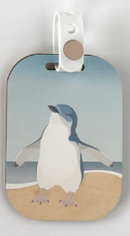 Wood Luggage Tag - Blue Penguin