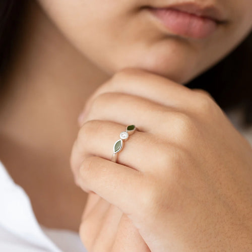 Nick Von K - Pounamu and Cubic Zirconia Blossom ring in Sterling Silver (size Q)