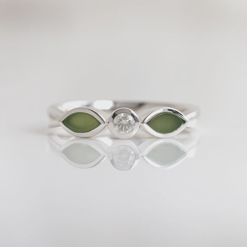 Nick Von K - Pounamu and Cubic Zirconia Blossom ring in Sterling Silver (size Q)