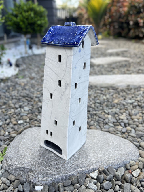 Tealight House - Ceramic Raku House Deep Blue