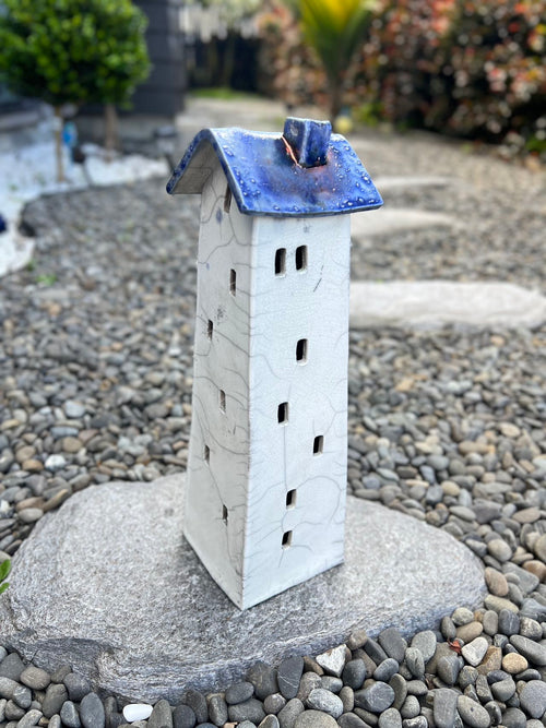 Tealight House - Ceramic Raku House Deep Blue