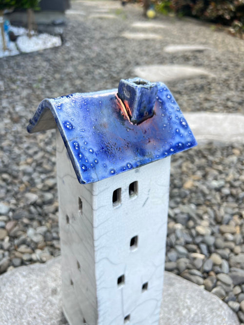 Tealight House - Ceramic Raku House Deep Blue