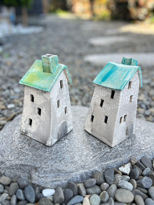 Tealight House - Ceramic Raku House Green Small