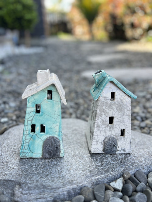 Tealight House - Ceramic Raku House Turquoise 2 Small