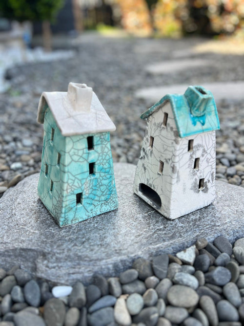 Tealight House - Ceramic Raku House Turquoise 2 Small