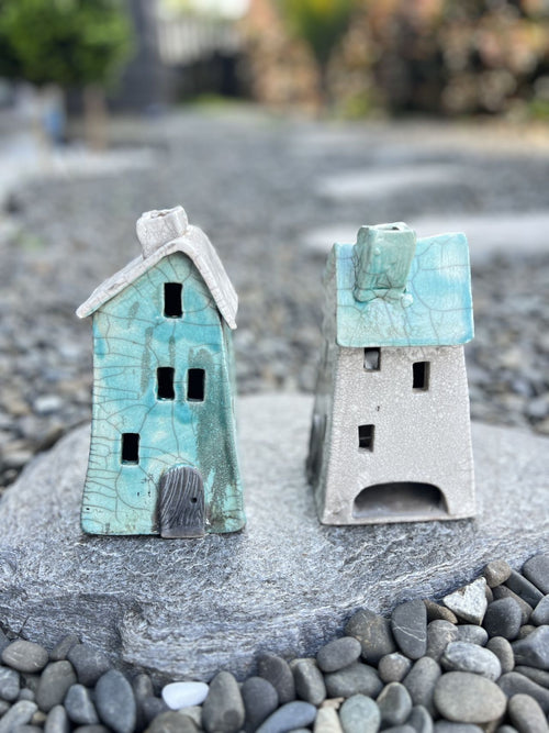 Tealight House - Ceramic Raku House Turquoise Small