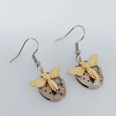 Timepiece Earrings with Golden Bees