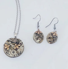 Timepiece Mixed Metal Earrings - Tiny Golden Bees w Necklace